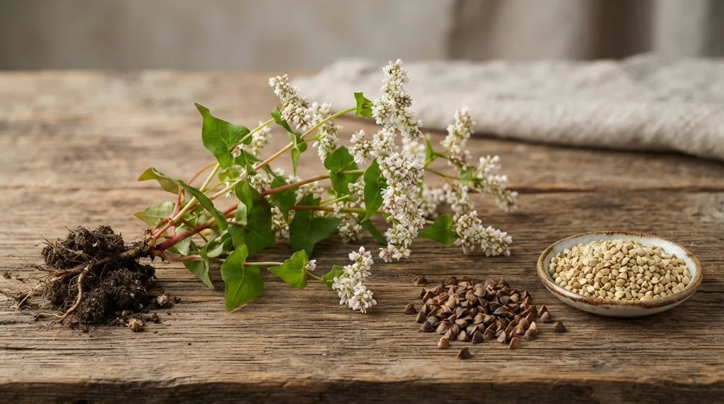 Buckwheat plant with flowers, seeds and grains