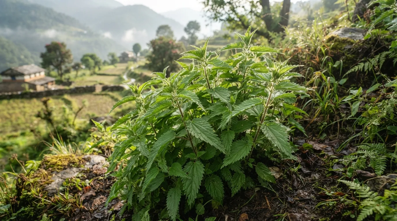Fresh sisnu (stinging nettle) leaves, a traditional Nepali leafy green
