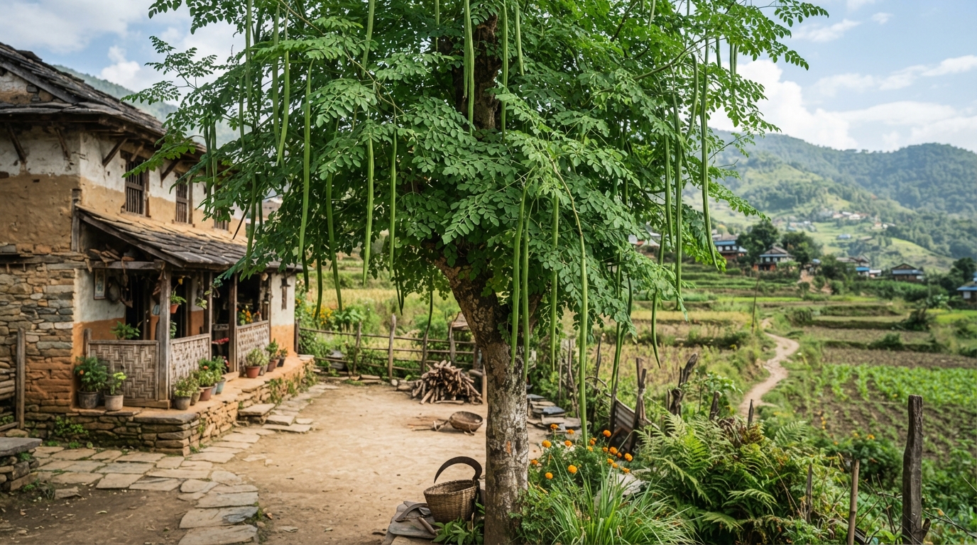 Moringa Sitalchini Saijan tree with green leaves and pods in Nepal