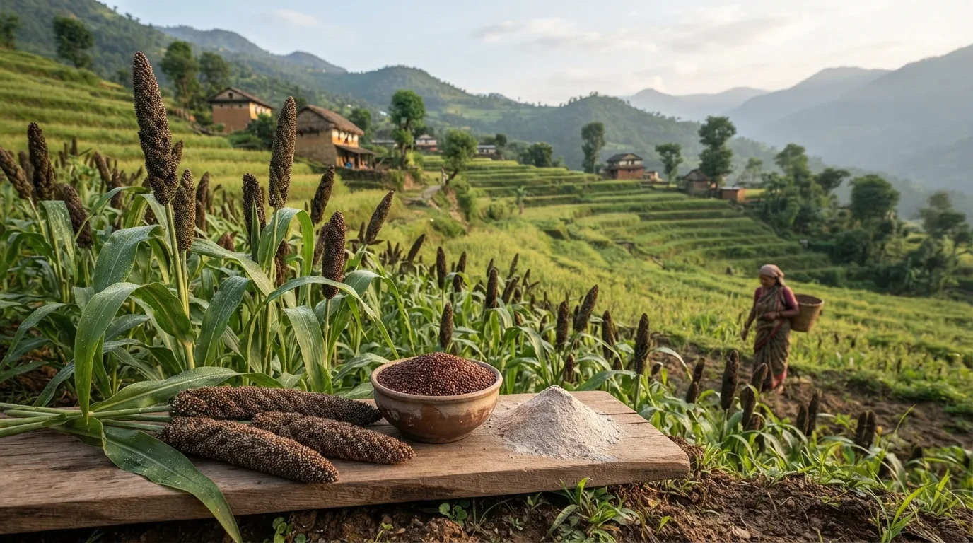 Kodo millet grain and millet flour with mature millet plants in a traditional Nepali farm
