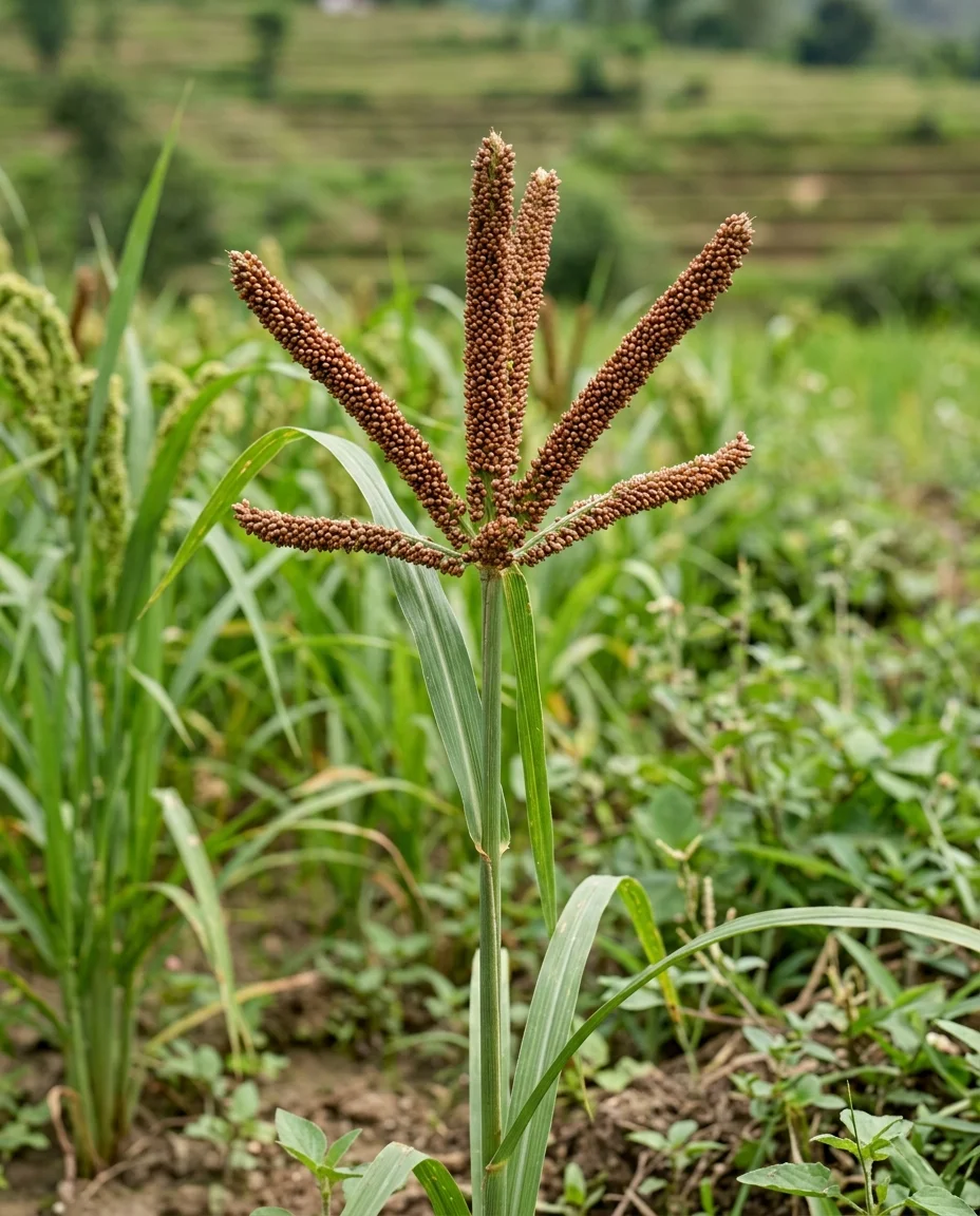 Finger millet plant with distinctive finger-shaped seed heads